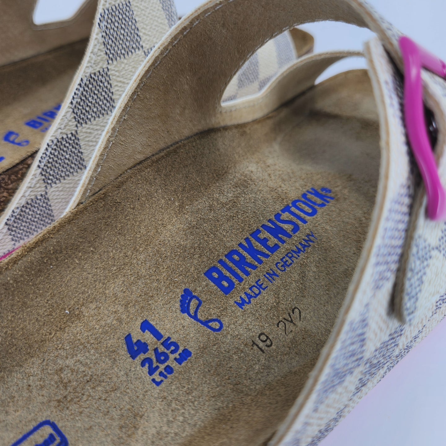 LOUIS VUITTON CUSTOM BIRKENSTOCK WHITE NAVY PINK DAMIER MONOGRAM BY MICHAEL GREY FOOTWEAR