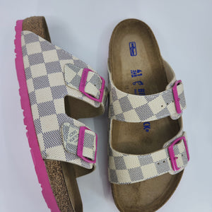 LOUIS VUITTON: CUSTOM BIRKENSTOCK WHITE NAVY PINK DAMIER MONOGRAM: BY MICHAEL GREY