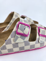 LOUIS VUITTON: CUSTOM BIRKENSTOCK WHITE NAVY PINK DAMIER MONOGRAM: BY MICHAEL GREY