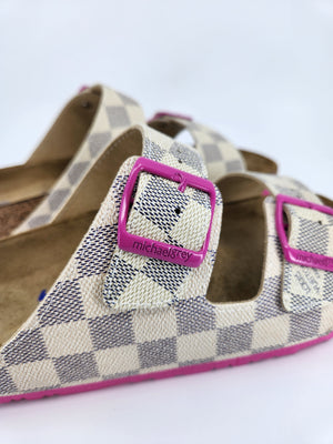 LOUIS VUITTON: CUSTOM BIRKENSTOCK WHITE NAVY PINK DAMIER MONOGRAM: BY MICHAEL GREY