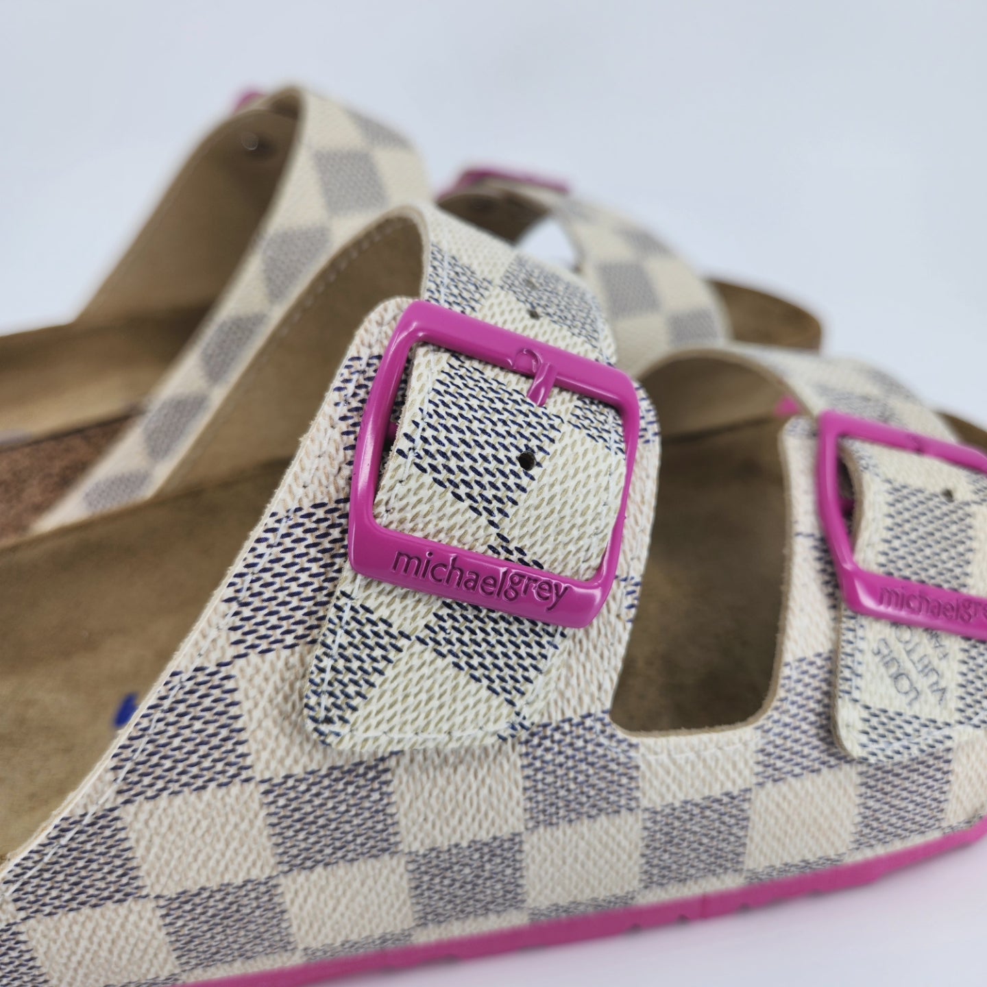 LOUIS VUITTON: CUSTOM BIRKENSTOCK WHITE NAVY PINK DAMIER MONOGRAM: BY MICHAEL GREY