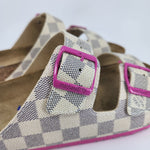 LOUIS VUITTON: CUSTOM BIRKENSTOCK WHITE NAVY PINK DAMIER MONOGRAM: BY MICHAEL GREY