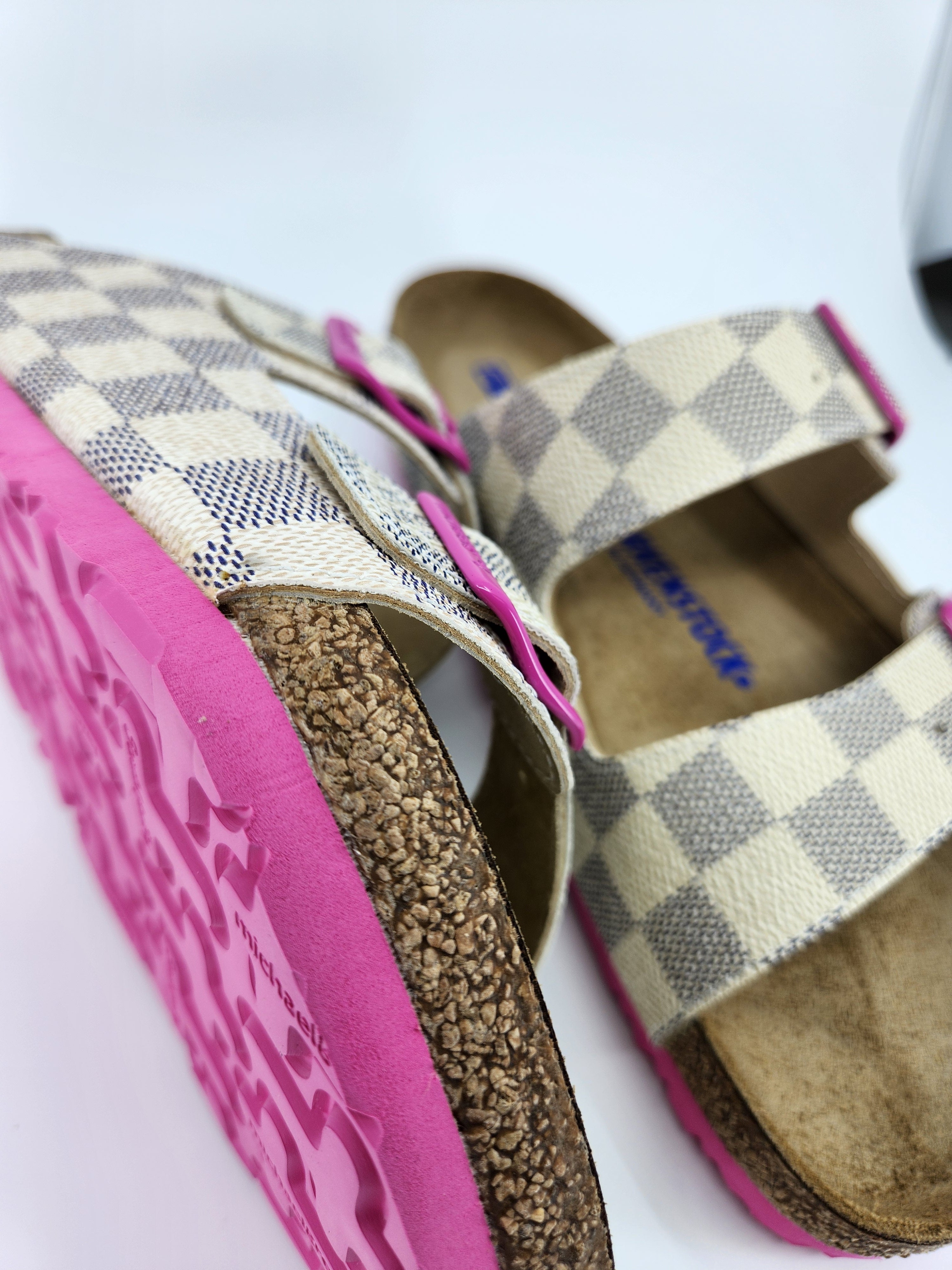LOUIS VUITTON: CUSTOM BIRKENSTOCK WHITE NAVY PINK DAMIER MONOGRAM: BY MICHAEL GREY