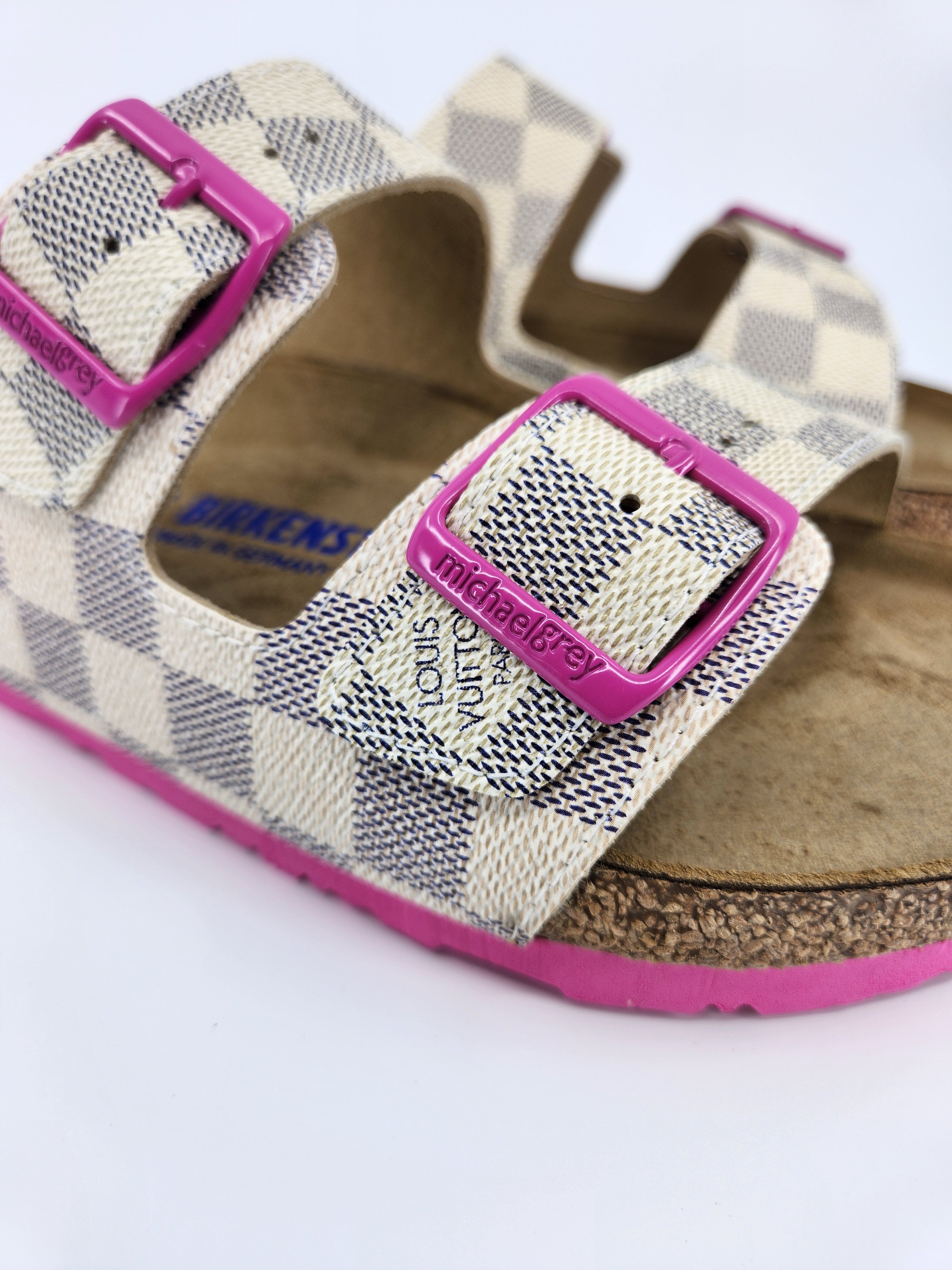 LOUIS VUITTON: CUSTOM BIRKENSTOCK WHITE NAVY PINK DAMIER MONOGRAM: BY MICHAEL GREY