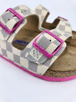LOUIS VUITTON: CUSTOM BIRKENSTOCK WHITE NAVY PINK DAMIER MONOGRAM: BY MICHAEL GREY