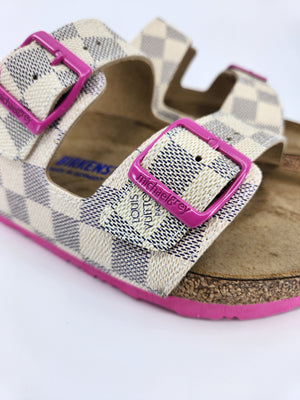 LOUIS VUITTON: CUSTOM BIRKENSTOCK WHITE NAVY PINK DAMIER MONOGRAM: BY MICHAEL GREY