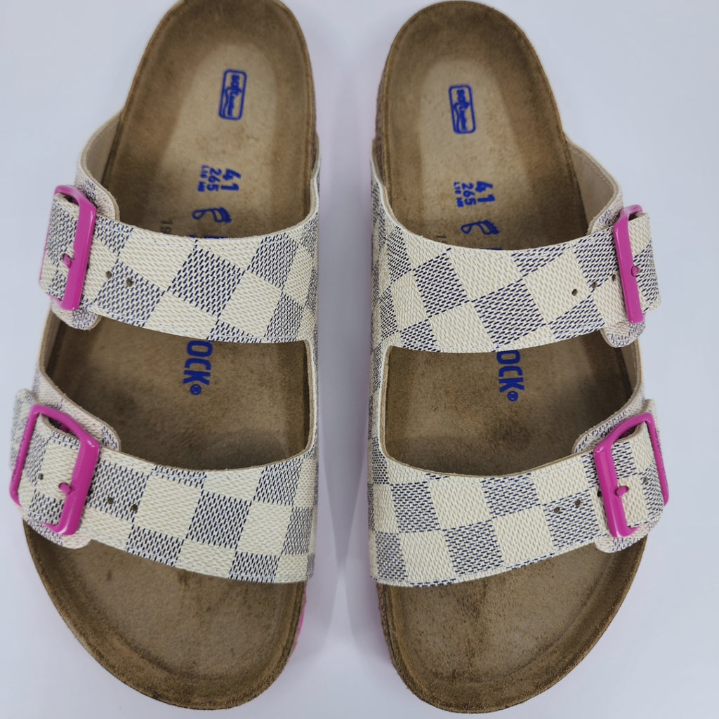 LOUIS VUITTON: CUSTOM BIRKENSTOCK WHITE NAVY PINK DAMIER MONOGRAM: BY MICHAEL GREY