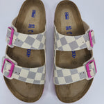 LOUIS VUITTON: CUSTOM BIRKENSTOCK WHITE NAVY PINK DAMIER MONOGRAM: BY MICHAEL GREY